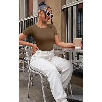 TOB Women's 2 Piece Bodysuits Sexy Ribbed One Piece Short Sleeve Tops Bodysuits Black Coffee