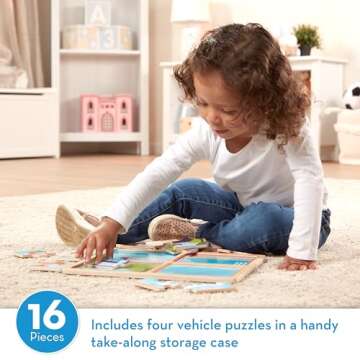 Melissa & Doug Natural Play Wooden Puzzle: Ready, Set, Go (Four 4-Piece Vehicle Puzzles)