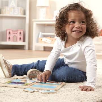 Melissa & Doug Natural Play Wooden Puzzle: Ready, Set, Go (Four 4-Piece Vehicle Puzzles)