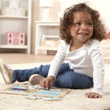 Melissa & Doug Natural Play Wooden Puzzle: Ready, Set, Go (Four 4-Piece Vehicle Puzzles)