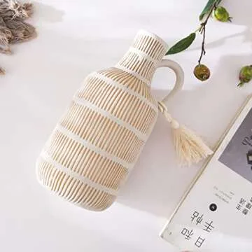 Mowtanco Farmhouse Vase with Handle and Tassel, Grey Yellow Vertical Stripes Design Clay Vase 10'' T...