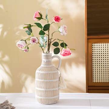 Mowtanco Farmhouse Vase with Handle and Tassel, Grey Yellow Vertical Stripes Design Clay Vase 10'' Tall - Ceramic Flower Vase for Rustic Home Decor, for Fireplace Kitchen Living Room Centerpieces