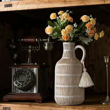 Mowtanco Farmhouse Vase with Handle and Tassel, Grey Yellow Vertical Stripes Design Clay Vase 10'' Tall - Ceramic Flower Vase for Rustic Home Decor, for Fireplace Kitchen Living Room Centerpieces