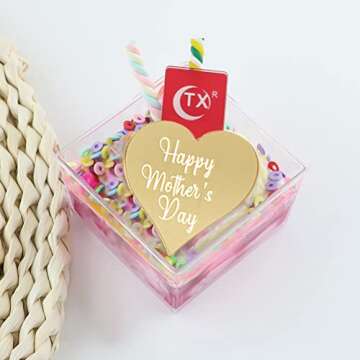 CYISONAL 10 Pcs Acrylic Cupcake Toppers Happy Mother's Day Cake Toppers Hearts Engraved Disc Mirror Acrylic Cupcake Toppers for DIY Cupcake Mother's Day Party Decoration(Gold)