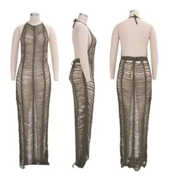 Women Sexy Halter Sleeveless Mesh See Through Crochet Maxi Long Dress Backless Knitted Beach Bikini Swimsuit Cover Ups