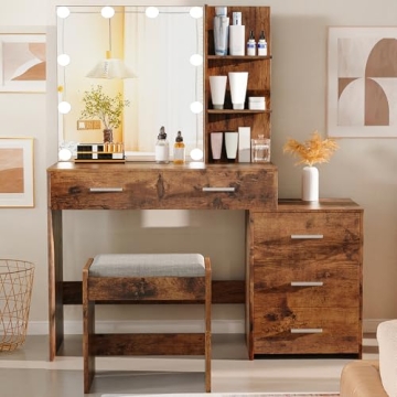 usikey 43.5in Large Vanity Desk with Mirror and 10 LED Lights, Makeup Vanity Table with Lights and 5...