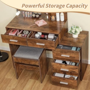 usikey 43.5in Large Vanity Desk with Mirror and 10 LED Lights, Makeup Vanity Table with Lights and 5 Drawers, Vanity Table Vanity Set with Storage Shelves and Stool for Women Girls, Rustic Brown