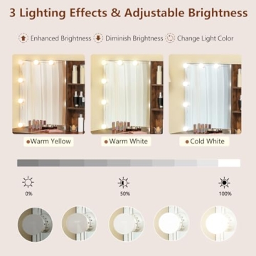 usikey 43.5in Large Vanity Desk with Mirror and 10 LED Lights, Makeup Vanity Table with Lights and 5 Drawers, Vanity Table Vanity Set with Storage Shelves and Stool for Women Girls, Rustic Brown