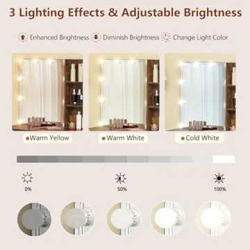 usikey 43.5in Large Vanity Desk with Mirror and 10 LED Lights, Makeup Vanity Table with Lights and 5 Drawers, Vanity Table Vanity Set with Storage Shelves and Stool for Women Girls, Rustic Brown