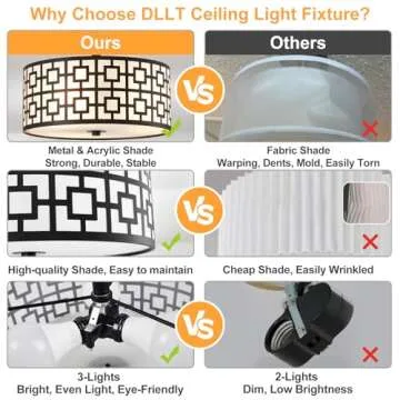 DLLT Flush Mount Ceiling Light: Modern 3-Light Semi Flush Mount Ceiling Light Fixture - Drum Kitchen Lighting Fixture for Dining Room - Black Bedroom Ceiling Lamp with Double Shade