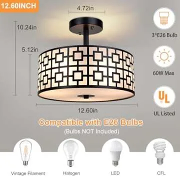 DLLT Flush Mount Ceiling Light: Modern 3-Light Semi Flush Mount Ceiling Light Fixture - Drum Kitchen Lighting Fixture for Dining Room - Black Bedroom Ceiling Lamp with Double Shade