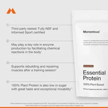 Momentous Essential Vegan Protein Powder - 20g Plant Based Protein - NSF Certified, Gluten-Free, Non-GMO, 20 Servings for Essential Everyday Use, Chocolate