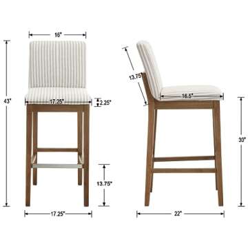 chairus Bar Stools Set of 2 Fabric High Bar Stool Chair Linen Upholstered Barstools with Solid Wood Legs and Back for Kitchen Island Breakfast, 30" Khaki Stripe