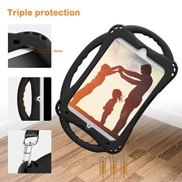 TopEsct Kids Case for iPad Mini 5 4 3 2 1,Silicone Childproof for iPad Mini 5 4 3 2 1, Built-in Handle Stand, Comes with a 2-4 Feet Adjustable Strap (Black)