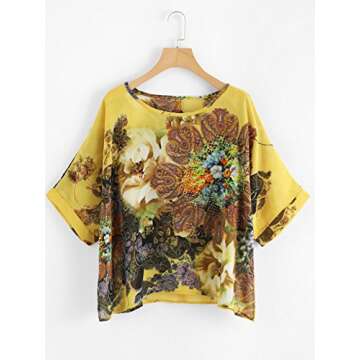 Milumia Women's Florals Batwing Sleeve Button Back Chiffon Blouse Yellow Medium