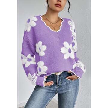 Pink Queen Fuzzy Chunky Oversized Sweaters for Women Birthday Color Block Long Sleeve V Neck Pullovers Fashion Comfy Winter Fall Jumper Tunic Top Lavender Purple S