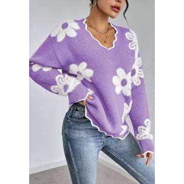 Pink Queen Fuzzy Chunky Oversized Sweaters for Women Birthday Color Block Long Sleeve V Neck Pullovers Fashion Comfy Winter Fall Jumper Tunic Top Lavender Purple S