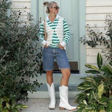 HISEA Rollda Cowboy Boots for Women Western Cowgirl Boots with Chunky Heel Ladies Snip Toe Mid-Calf Boots Size 8.5