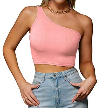 PRETTYGARDEN Women's One Shoulder Crop Top Sleeveless Ribbed Fitted Sexy Cropped Tank Tops Pink