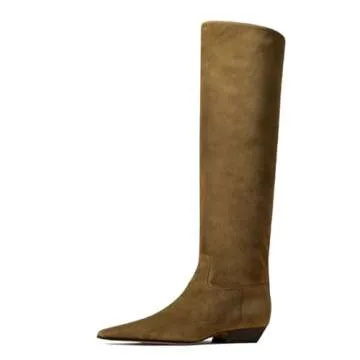 miss left Women Closed Square Toe Knee High Boot Wide Calf Low Chunky Heels Flat Long Boots Stylish Winter Party Shoes Size 10.5 Olive