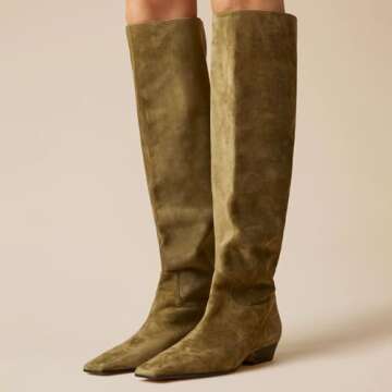 miss left Women Closed Square Toe Knee High Boot Wide Calf Low Chunky Heels Flat Long Boots Stylish Winter Party Shoes Size 10.5 Olive