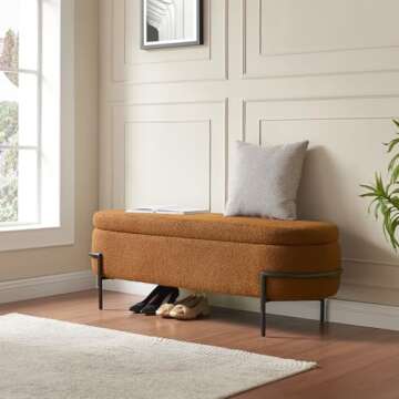 Sherpa Storage Bench, 52 Inch Bedroom Bench with Metal Stand and Hinges, Oval Storage Ottoman Bench, Bed Bench with Storage, Upholstered Storage Bench for Entryway, Living Room, End of Bed, Brown