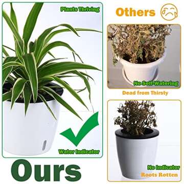Planterhoma 5 Inch Self Watering Pots for Indoor Plants, 6 Packs White African Violet Pots with Water Indicator and Black Wick Pots, Self Watering Planters for Devil's Ivy, Indoor Plant Pots
