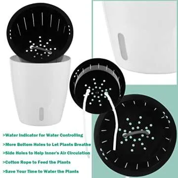 Planterhoma 5 Inch Self Watering Pots for Indoor Plants, 6 Packs White African Violet Pots with Water Indicator and Black Wick Pots, Self Watering Planters for Devil's Ivy, Indoor Plant Pots