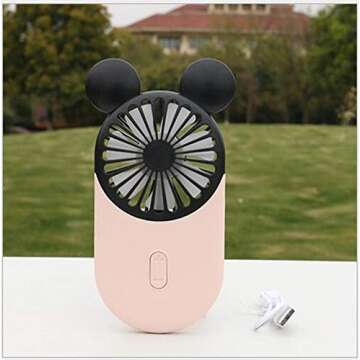 Kbinter Cute Personal Mini Fan, Handheld & Portable USB Rechargeable Fan with Beautiful LED Light, 3 Adjustable Speeds, Portable Holder, for Indoor Or Outdoor Activities, Cute Mouse (Pink)