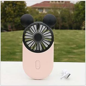 Kbinter Cute Personal Mini Fan, Handheld & Portable USB Rechargeable Fan with Beautiful LED Light, 3 Adjustable Speeds, Portable Holder, for Indoor Or Outdoor Activities, Cute Mouse (Pink)
