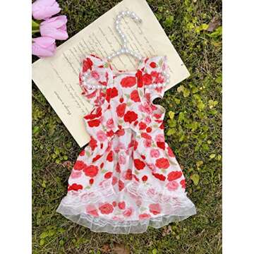 QWINEE Flower Pattern Dog Dress Cat Summer Party Dress, Lace Decor Princess Ruffle Trim Dog Cat Kitten Girls Red XS