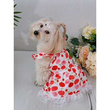 QWINEE Flower Pattern Dog Dress Cat Summer Party Dress, Lace Decor Princess Ruffle Trim Dog Cat Kitten Girls Red XS
