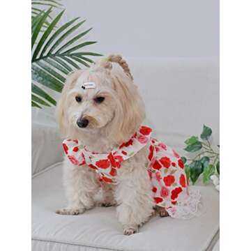 QWINEE Flower Pattern Dog Dress Cat Summer Party Dress, Lace Decor Princess Ruffle Trim Dog Cat Kitten Girls Red XS