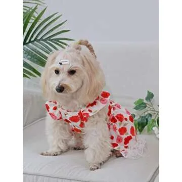 QWINEE Flower Pattern Dog Dress Cat Summer Party Dress, Lace Decor Princess Ruffle Trim Dog Cat Kitten Girls Red XS