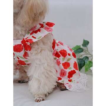 QWINEE Flower Pattern Dog Dress Cat Summer Party Dress, Lace Decor Princess Ruffle Trim Dog Cat Kitten Girls Red XS