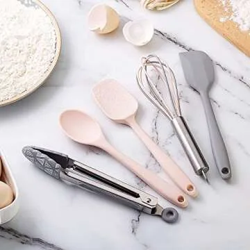Cook With Color Kitchen Utensil Set - Silicone Kitchen Tools, Whisk, Tong, Spatula, Spoonula and Spoon, Pink Collection/Silicone & Stainless Steel