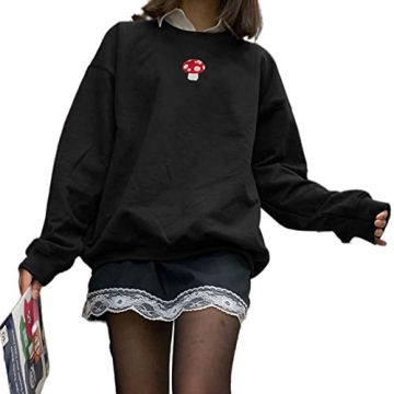 Women Mushroom Embroidery Oversized Sweatshirt for Comfort