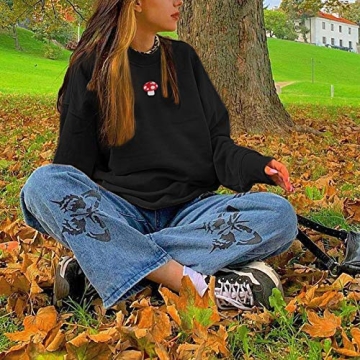 Women Mushroom Embroidery Oversized Sweatshirt for Comfort