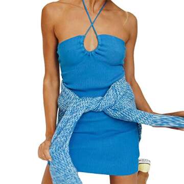 Votuleazi Women Bodycon Knitted Dress Sexy Halter Criss Cross Y2K 90s E-Girl Mini Dress Summer Party...