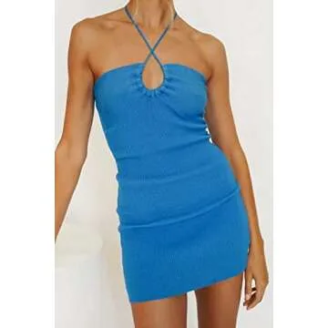 Votuleazi Women Bodycon Sexy Halter Mini Dress Blue