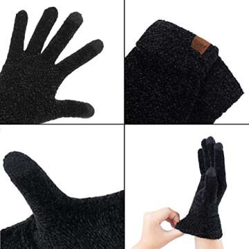 ViGrace Winter Touchscreen Gloves for Women Chenille Warm Cable Knit with 3 Touch Screen Fingers Texting Driving Elastic Cuff Thermal Glove Black,Large