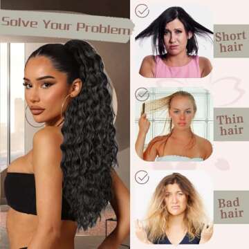 AISI BEAUTY 24 Inch Ponytail Extension for Black Women Drawstring Ponytail Natural Black Long Curly ...