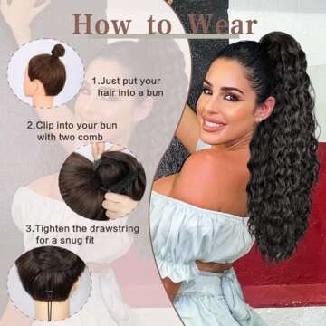 AISI BEAUTY 24 Inch Ponytail Extension for Black Women Drawstring Ponytail Natural Black Long Curly Wavy Ponytail Synthetic Clip in Ponytail Hair Extensions for Daily Use(4#)