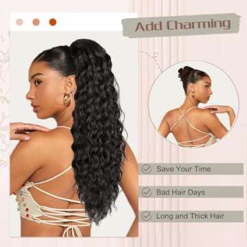 AISI BEAUTY 24 Inch Ponytail Extension for Black Women Drawstring Ponytail Natural Black Long Curly Wavy Ponytail Synthetic Clip in Ponytail Hair Extensions for Daily Use(4#)