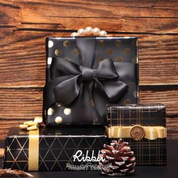 Ribbli Gold Double Faced Purl Ribbon,Luxury Glitter Ribbon,5/8 Inches x 10 Yards,Use for Gift Wrapping,Floral Arrangements,Wedding Decorations