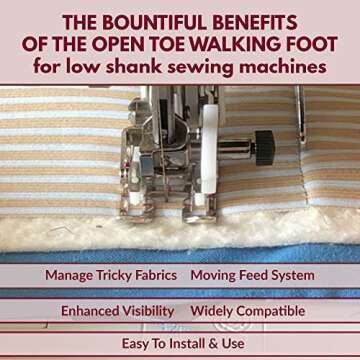 Madam Sew Open Toe Walking Foot for Quilting and Sewing | Stitch Through Multiple Layers & Match Prints | Compatible with Most Low-Shank Sewing Machine Models | Brother, Singer, Janome, Babylock, More