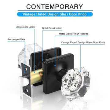 KNOBWELL 5 Pack Black Closet Door Knobs Interior for Closet Hallway, Keyless Glass Crystal Door Knobs, Indoor Door Knob Set, Antique Door Knobs