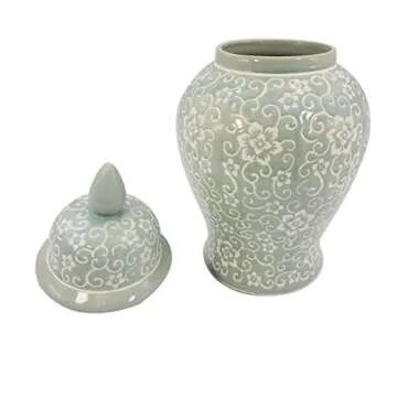 Galt International Floral Mosaic Ceramic Ginger Jar 18" w/Lid - Temple Jar Home & Kitchen Decor for Interior Design - Green Flower