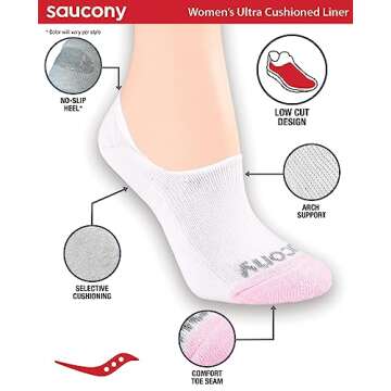 Saucony womens 8 Pairs No Show Cushioned Invisible Liner Socks, Wardrobe (8 Pairs), Shoe Size 6-10 US