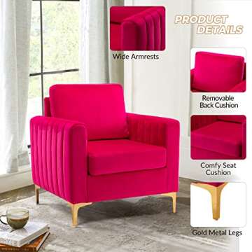 HULALA HOME Velvet Accent Club Chair, Modern Velvet Armchair Upholstered Accent Club Chair Sofa Chair with Gold Metal Legs Mid-Century Barrel Leisure Chair Comfy Reading Chair, Fuchsia